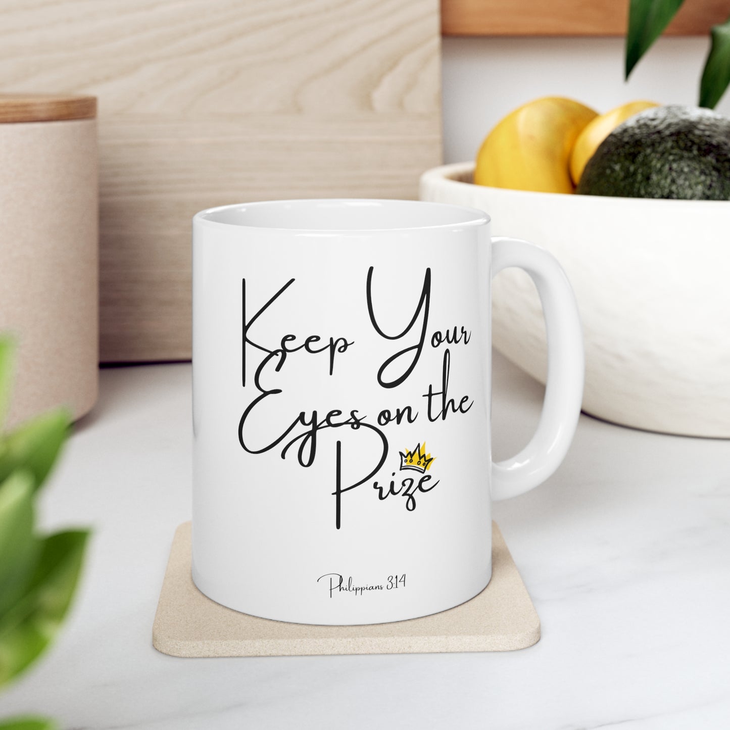 Christian Bible Gift Mug, Philippians 3:14, Keep Your Eyes on the Prize