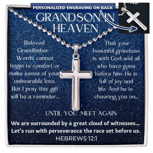 Grandson Memorial Engravable Cross Necklace with Ball Chain