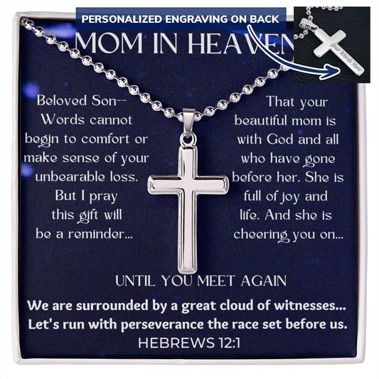 Mom Memorial Engravable Cross Necklace with Ball Chain