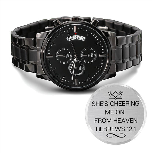 Men's Memorial Engraved Watch, She's Cheering Me On From Heaven